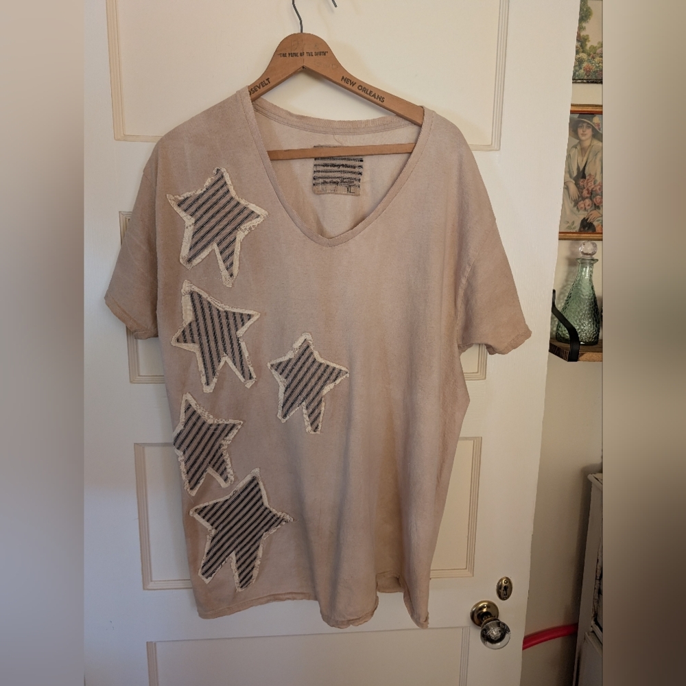 Star tee shirt, upcycled tea-dyed shirt w stars/lace, Hippie Boho Gypsy vibe - Picture 8 of 8